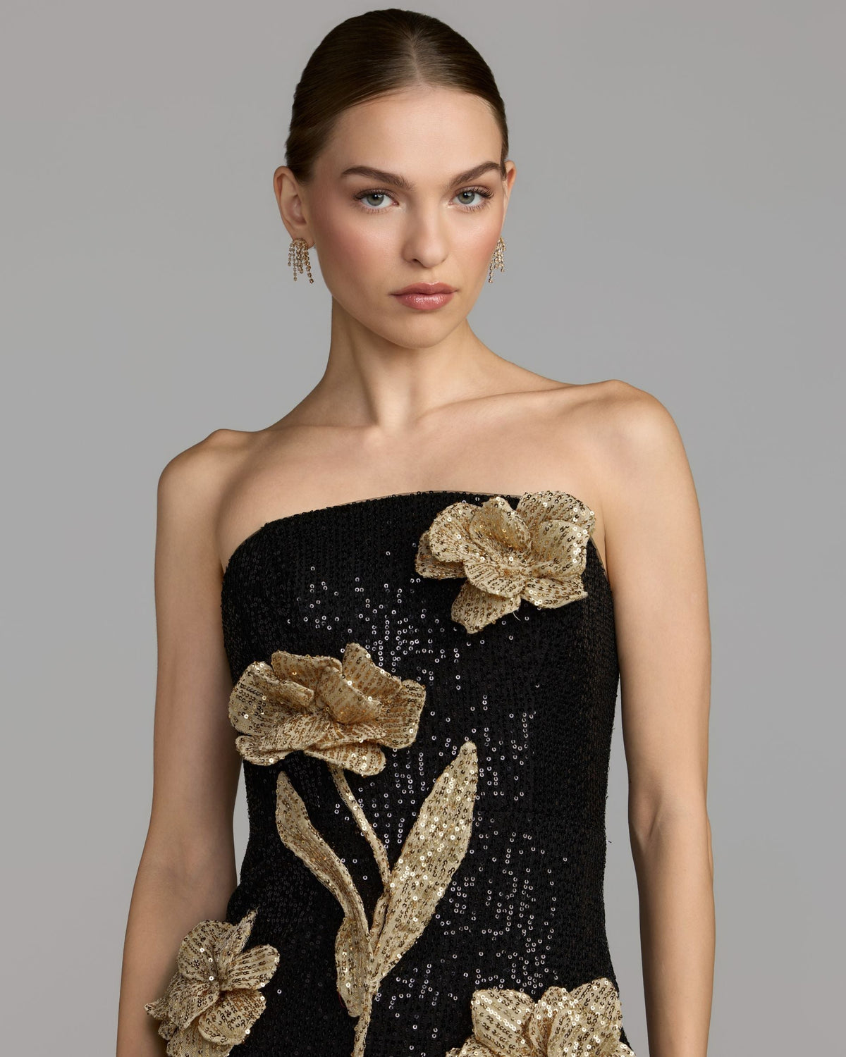 Mac Duggal Black Gold 3D Floral Sequin Midi Dress