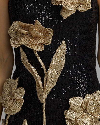 Mac Duggal Black Gold 3D Floral Sequin Midi Dress