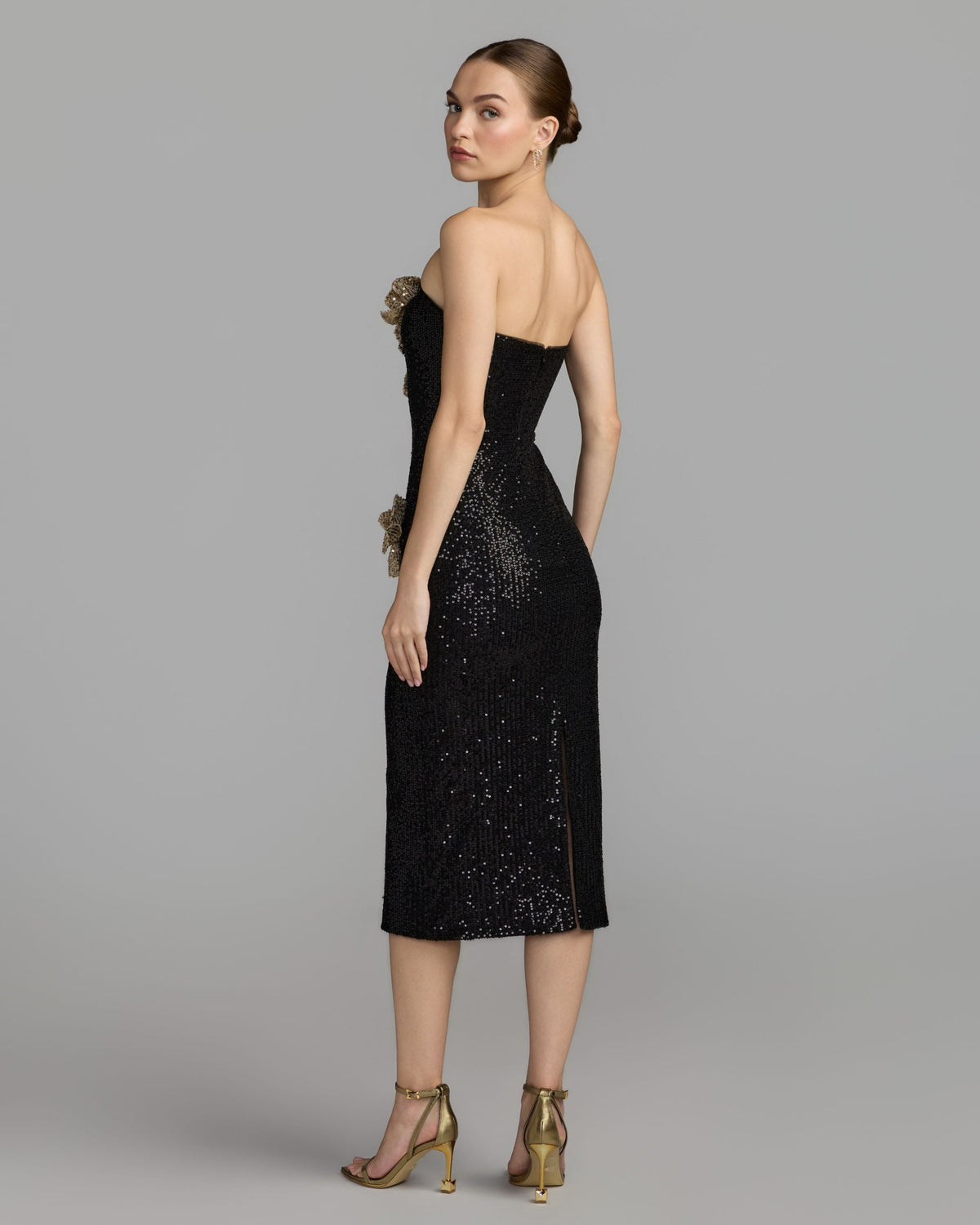 Mac Duggal Black Gold 3D Floral Sequin Midi Dress