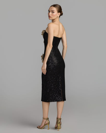 Mac Duggal Black Gold 3D Floral Sequin Midi Dress