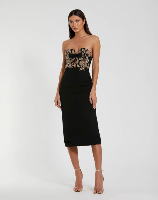 Mac Duggal Black Rhinestone Embellished Strapless Midi Dress