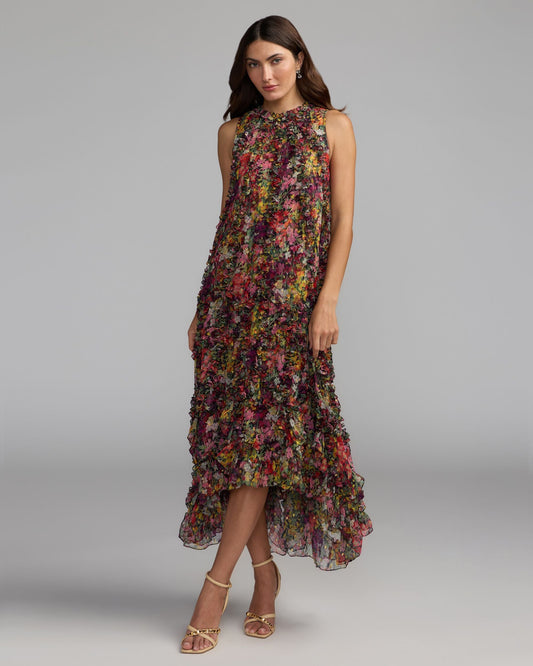 Mac Duggal Multicolor Sleeveless Floral Micro Ruffle Trapeze Midi Dress
