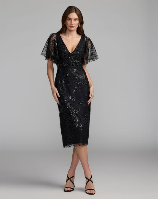 Mac Duggal Black Embellished Butterfly Sleeve Cocktail Dress