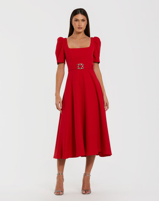Mac Duggal Red Square Neck Short Sleeve Midi Dress With Belt