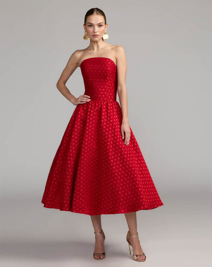 Mac Duggal Red Strapless Polka Dot Brocade Midi Dress