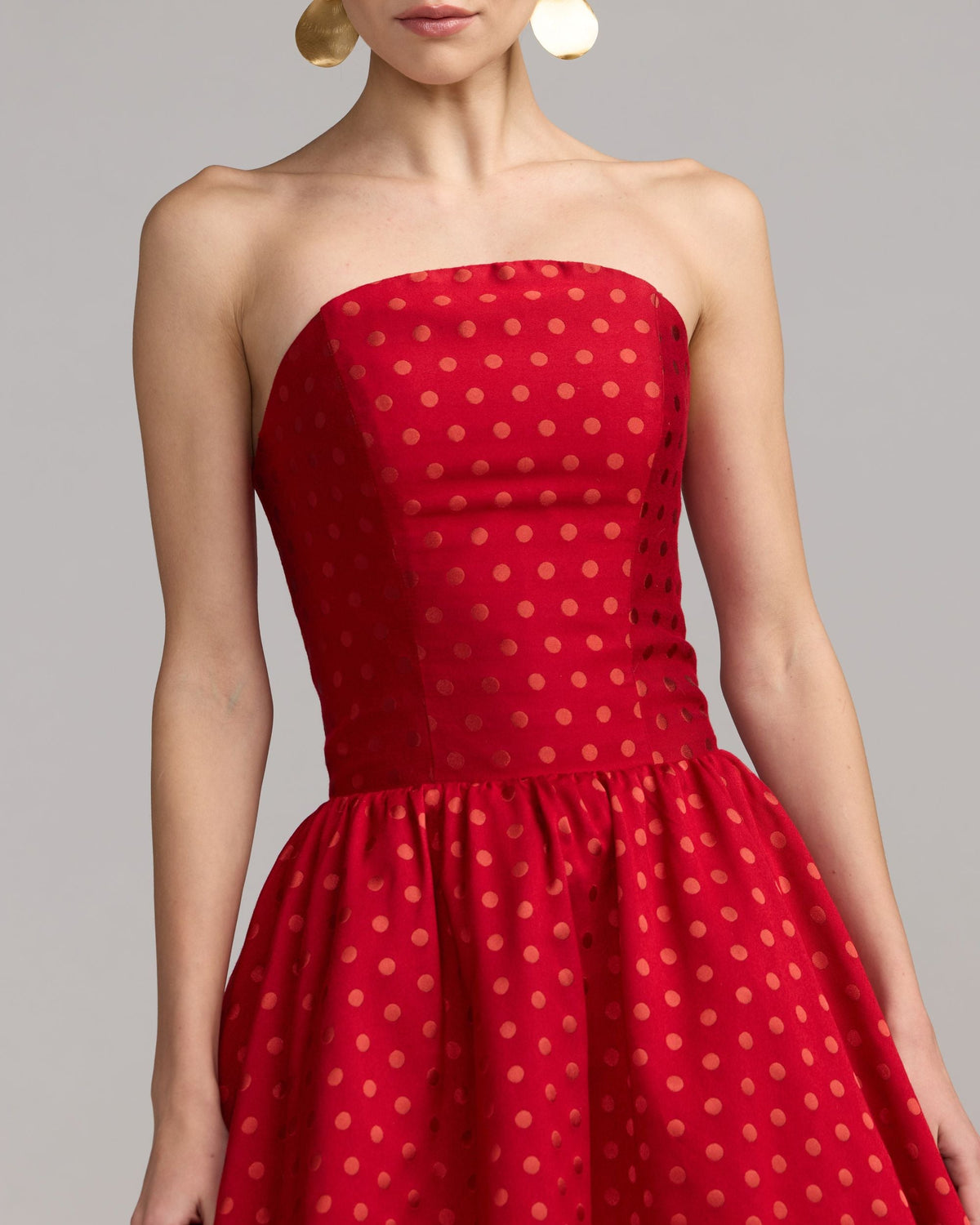 Mac Duggal Red Strapless Polka Dot Brocade Midi Dress