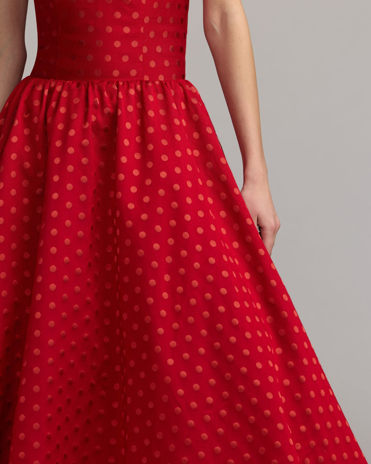 Mac Duggal Red Strapless Polka Dot Brocade Midi Dress
