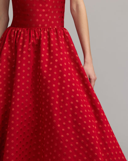 Mac Duggal Red Strapless Polka Dot Brocade Midi Dress