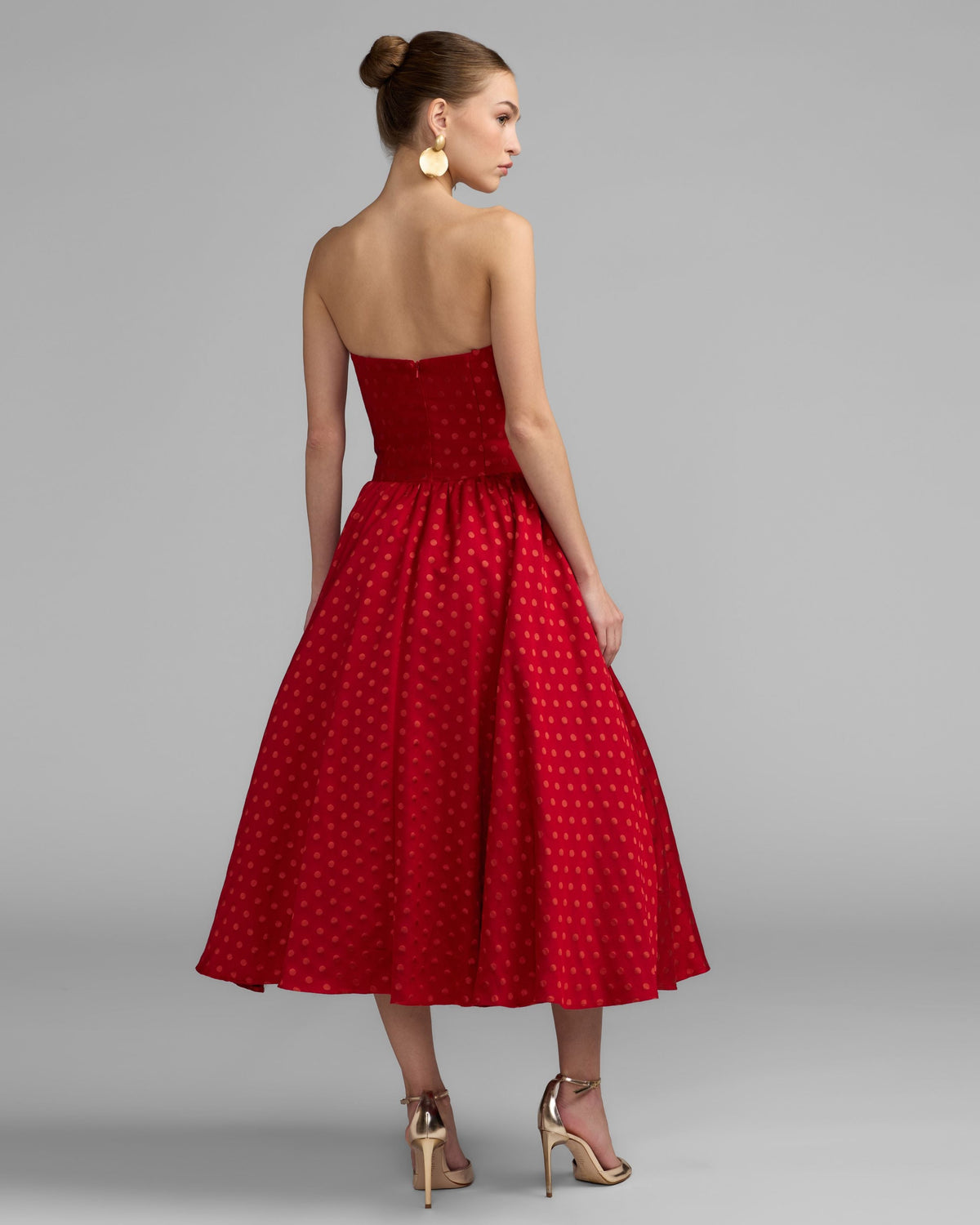 Mac Duggal Red Strapless Polka Dot Brocade Midi Dress