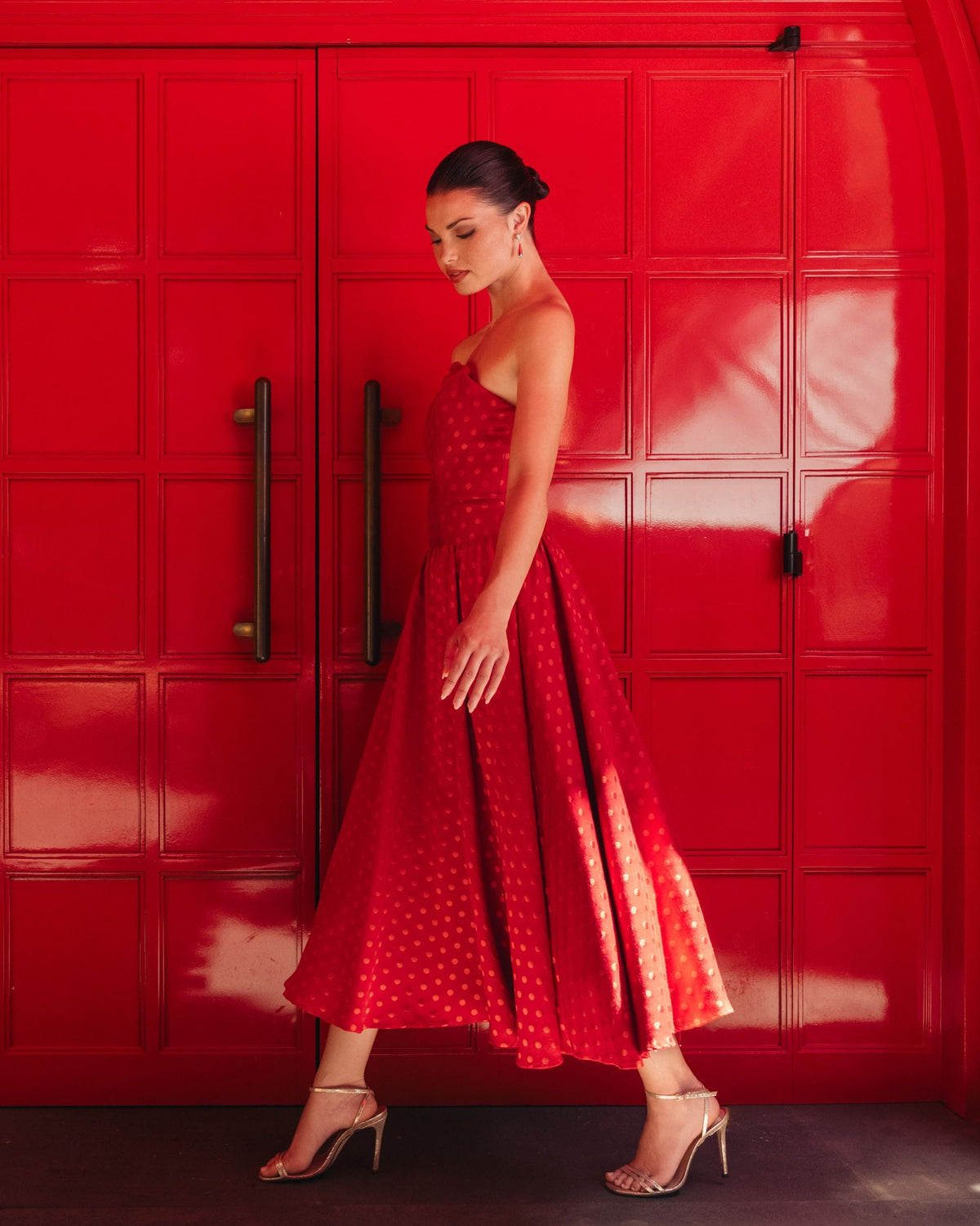 Mac Duggal Red Strapless Polka Dot Brocade Midi Dress