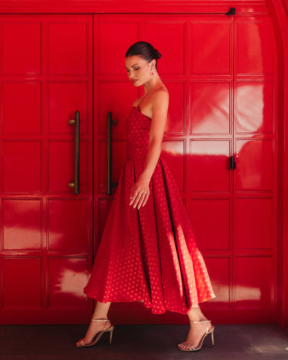 Mac Duggal Red Strapless Polka Dot Brocade Midi Dress