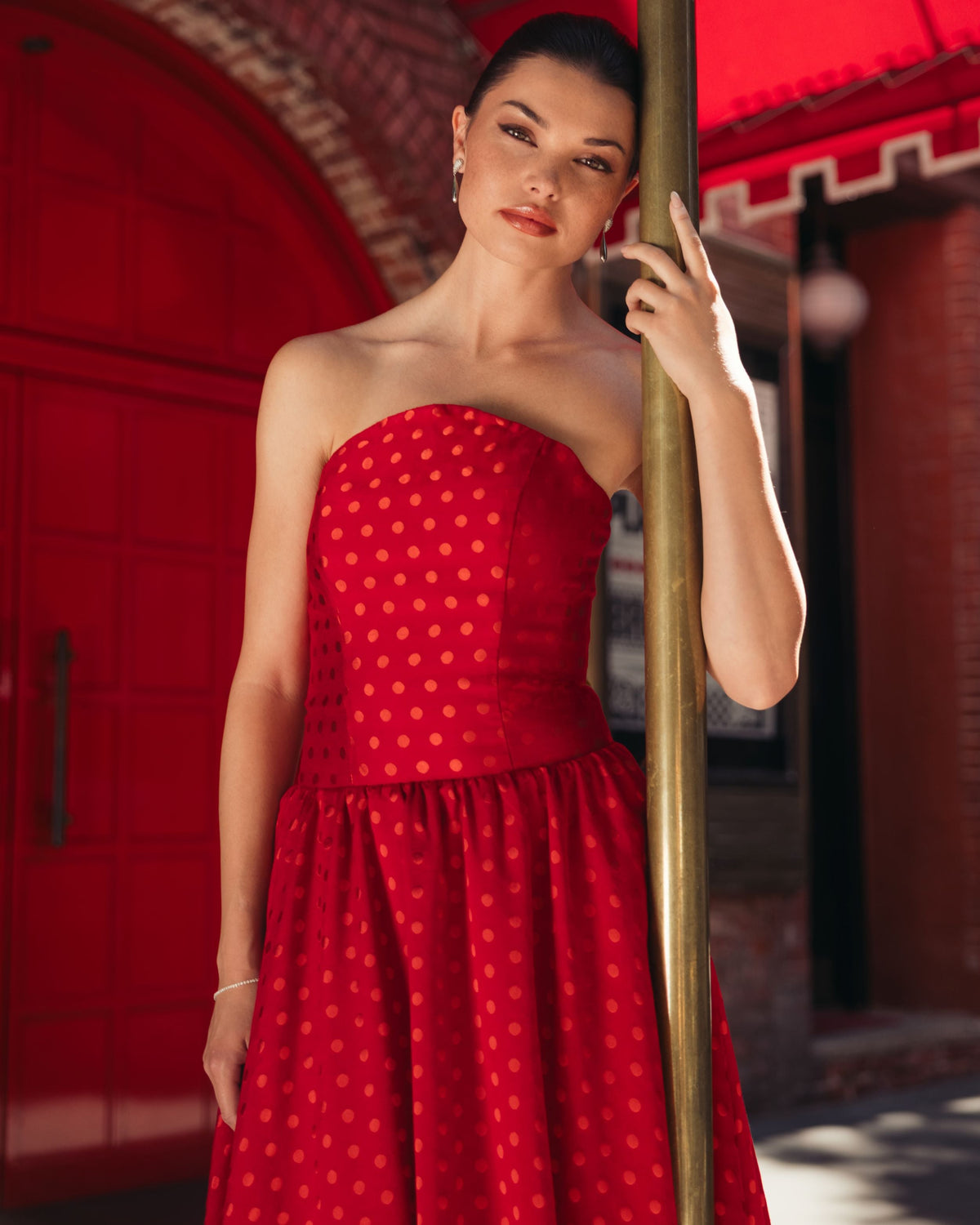 Mac Duggal Red Strapless Polka Dot Brocade Midi Dress