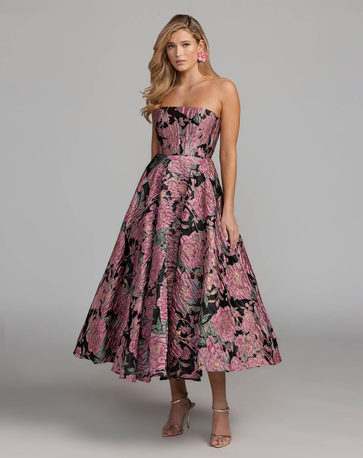 Mac Duggal Pink And Black Strapless Brocade Midi Dress With Pockets