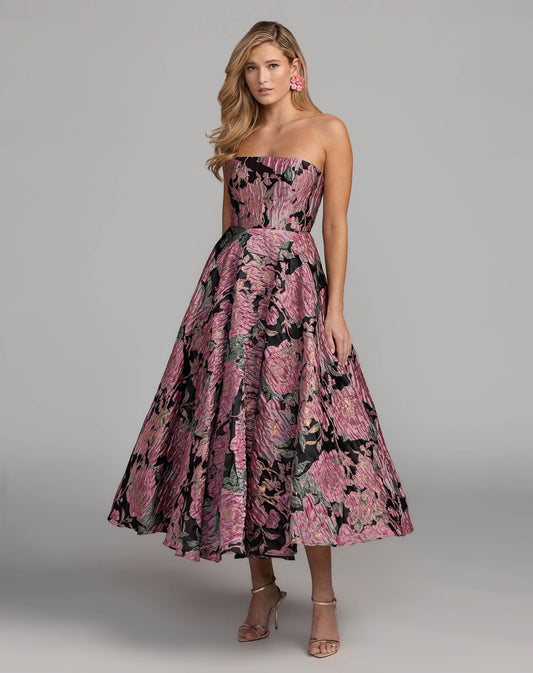 Mac Duggal Pink And Black Strapless Brocade Midi Dress With Pockets