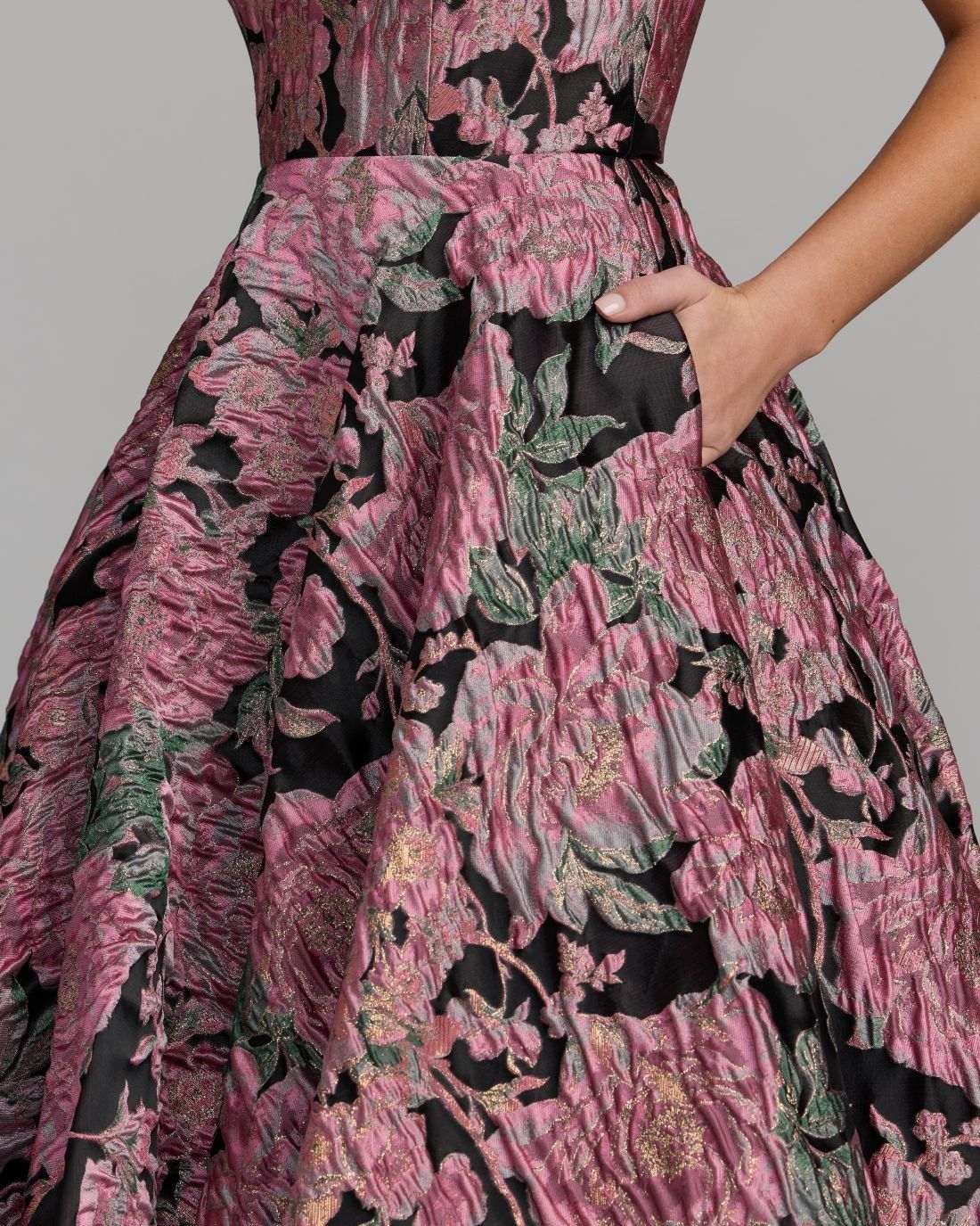 Mac Duggal Pink And Black Strapless Brocade Midi Dress With Pockets