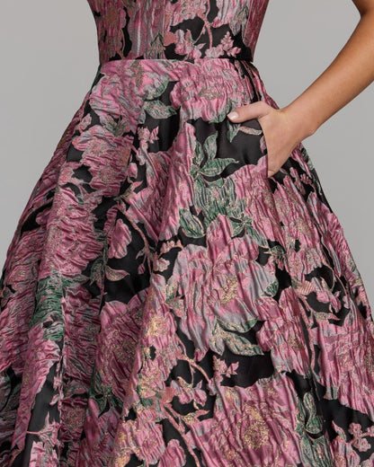 Mac Duggal Pink And Black Strapless Brocade Midi Dress With Pockets
