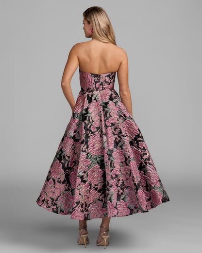 Mac Duggal Pink And Black Strapless Brocade Midi Dress With Pockets
