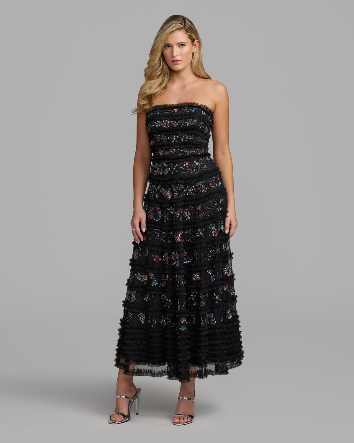 Mac Duggal Black Micro Ruffle Embellished Strapless Midi Dress
