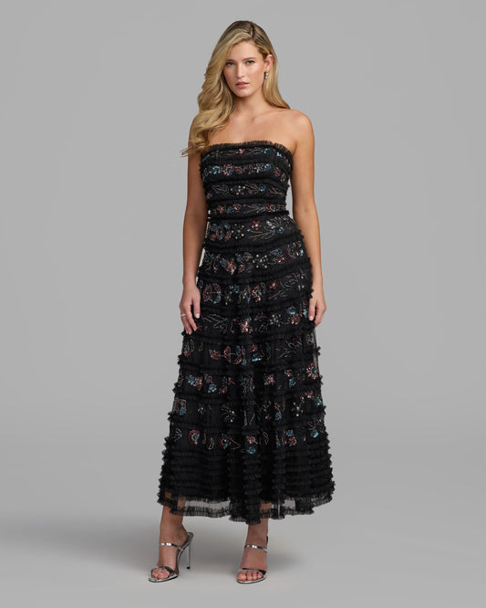 Mac Duggal Black Micro Ruffle Embellished Strapless Midi Dress