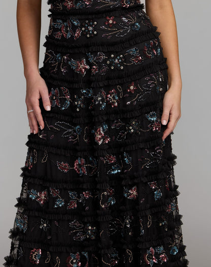 Mac Duggal Black Micro Ruffle Embellished Strapless Midi Dress