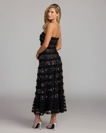 Mac Duggal Black Micro Ruffle Embellished Strapless Midi Dress