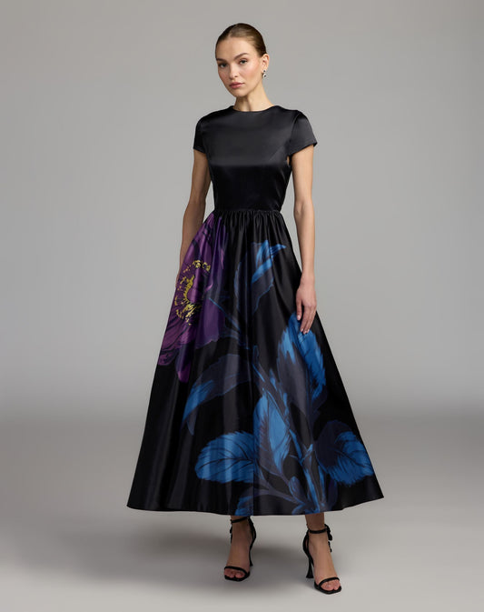 Mac Duggal Black Satin Cap Sleeve Floral Printed A-Line Dress