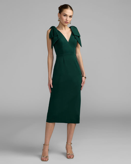 Mac Duggal Petite Emerald Green Sleeveless Crepe Midi Dress With Bow Straps