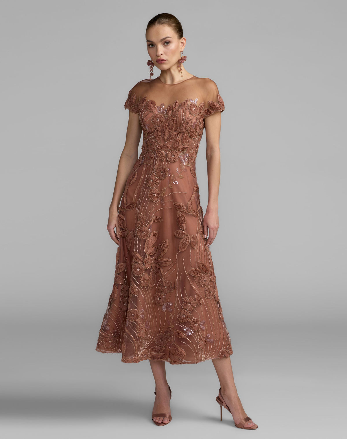 Mac Duggal Brown Embellished Lace Illusion Cocktail Dress