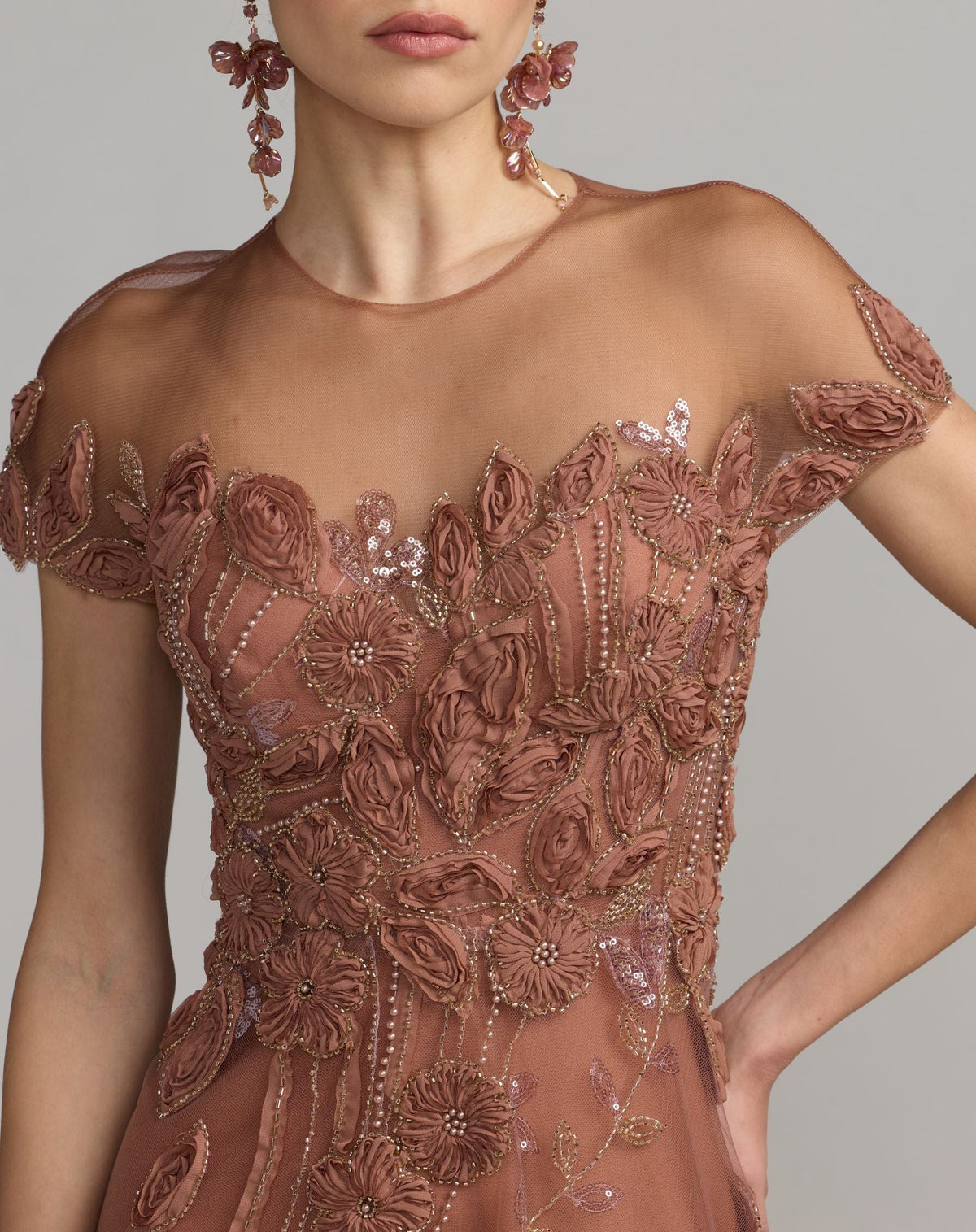 Mac Duggal Brown Embellished Lace Illusion Cocktail Dress