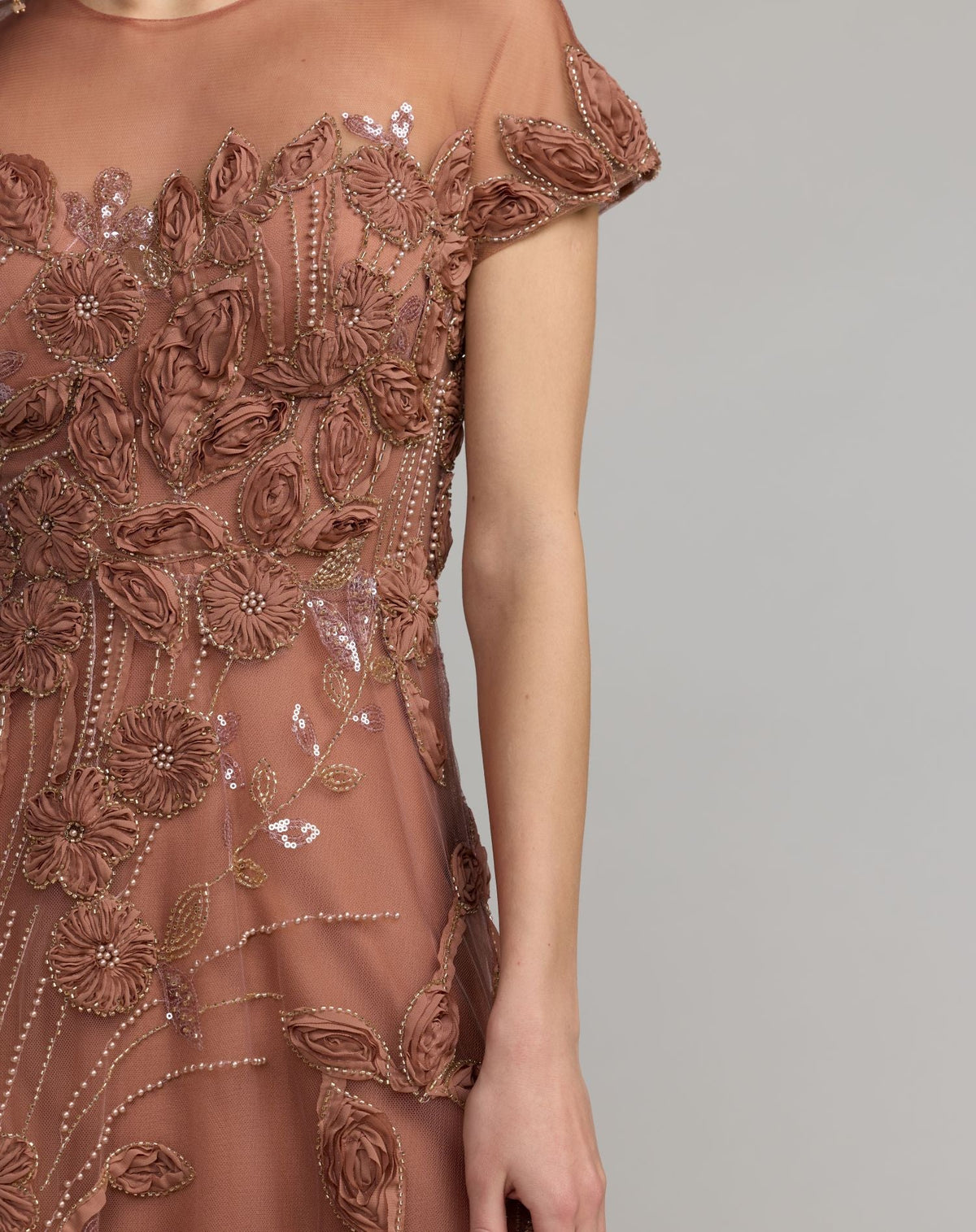 Mac Duggal Brown Embellished Lace Illusion Cocktail Dress