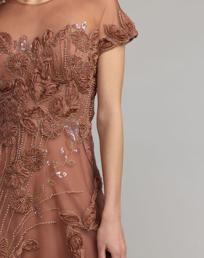 Mac Duggal Brown Embellished Lace Illusion Cocktail Dress