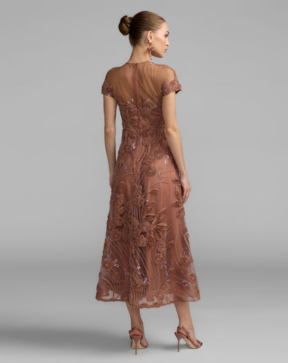 Mac Duggal Brown Embellished Lace Illusion Cocktail Dress