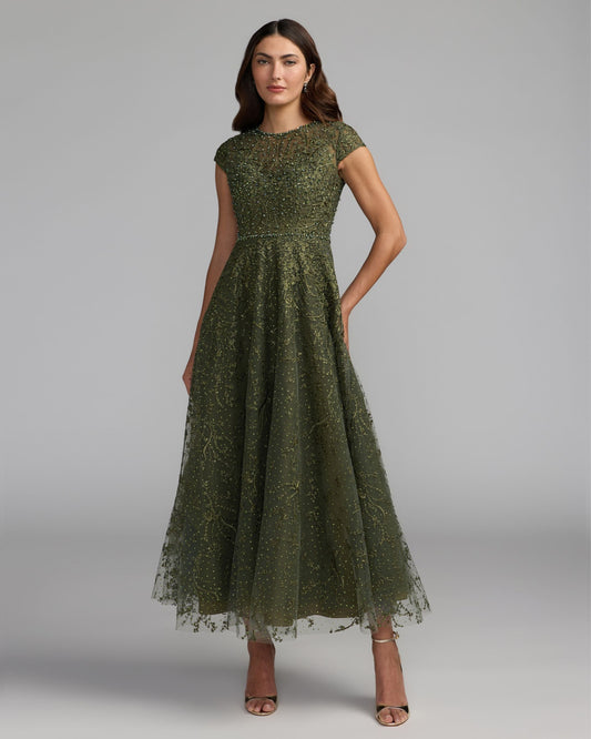Mac Duggal Olive Green Embroidered Tulle Midi Dress