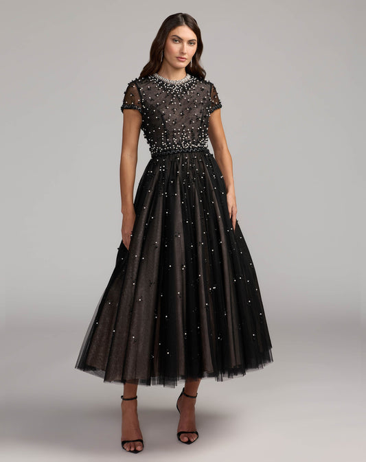 Mac Duggal Black Embellished Pearl Tulle Midi Dress