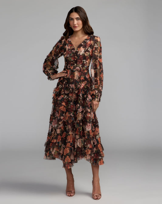 Mac Duggal Brown Floral Long Sleeve Mirco Ruffle Midi Dress