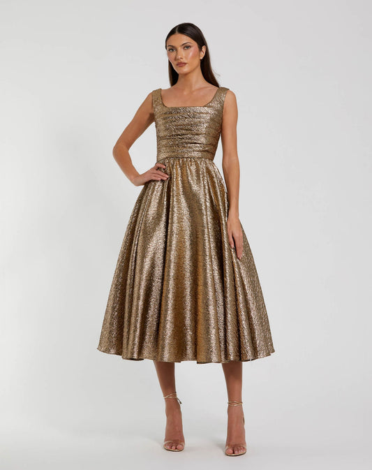 Mac Duggal Gold Metallic Square Neck Sleeveless Midi Dress