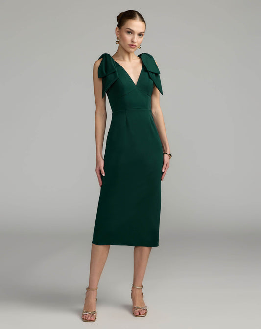 Mac Duggal Green Sleeveless Crepe Midi Dress with Bow Straps