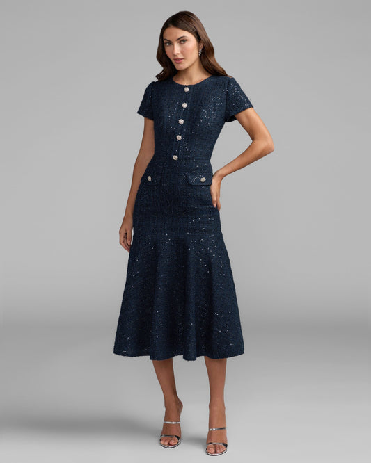 Mac Duggal Navy High Neck Short Sleeve Boucle Midi Dress
