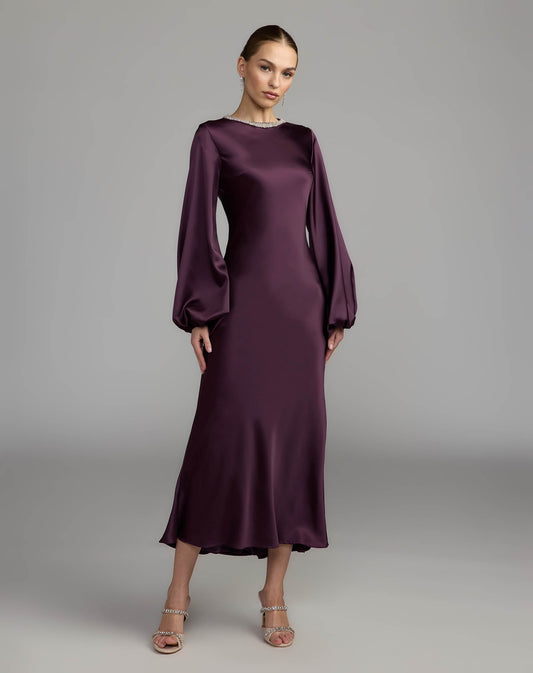 Mac Duggal Dark Purple Rhinestone Neckline Satin Midi Dress