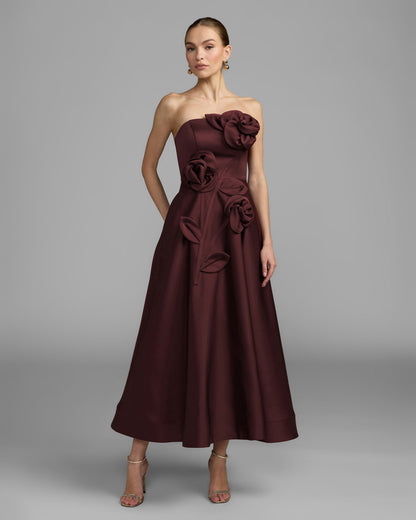 Mac Duggal Burgundy Strapless Satin A-Line Dress With 3D Flowers Duggal