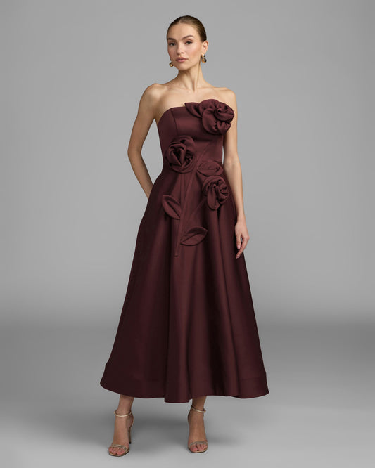 Mac Duggal Burgundy Strapless Satin A-Line Dress With 3D Flowers Duggal