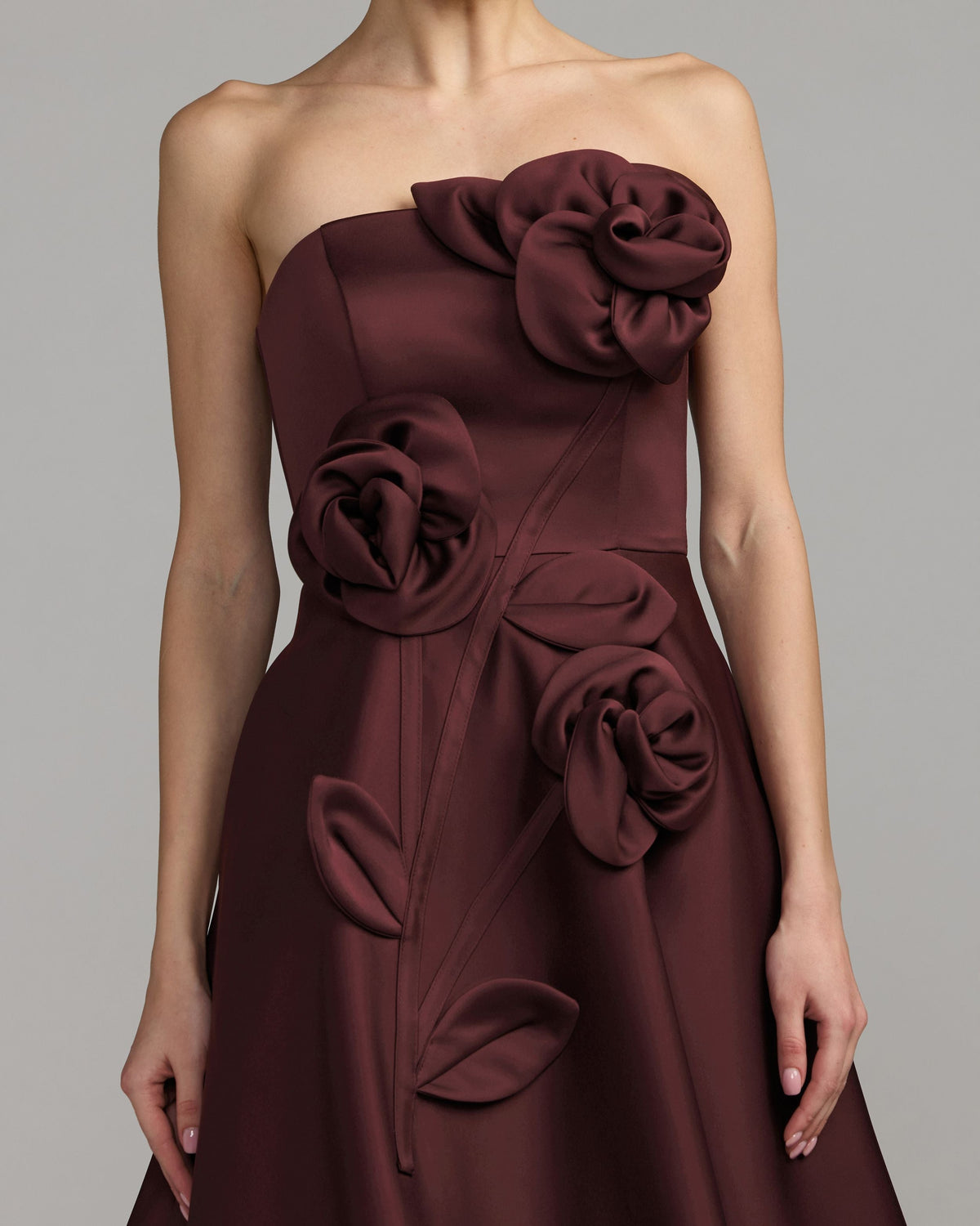 Mac Duggal Burgundy Strapless Satin A-Line Dress With 3D Flowers Duggal