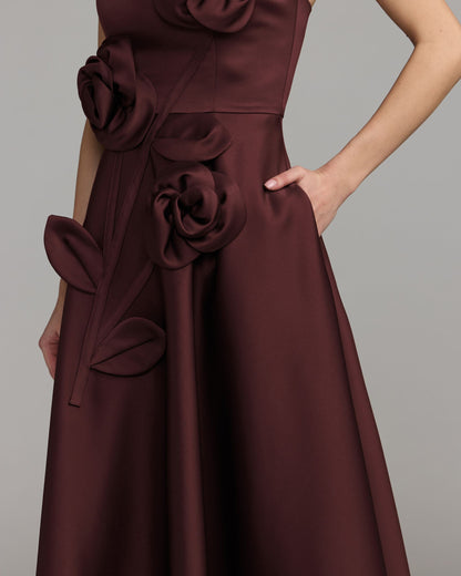 Mac Duggal Burgundy Strapless Satin A-Line Dress With 3D Flowers Duggal