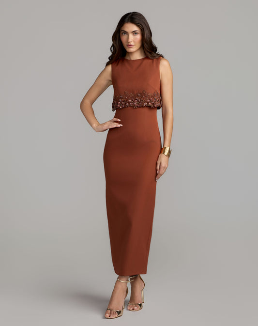 Mac Duggal Mac Duggal Burnt Orange Floral Embellished Overlay Column Dress