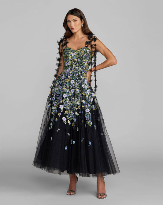 Mac Duggal Black Floral Embroidered Sweetheart Neck A-Line Dress
