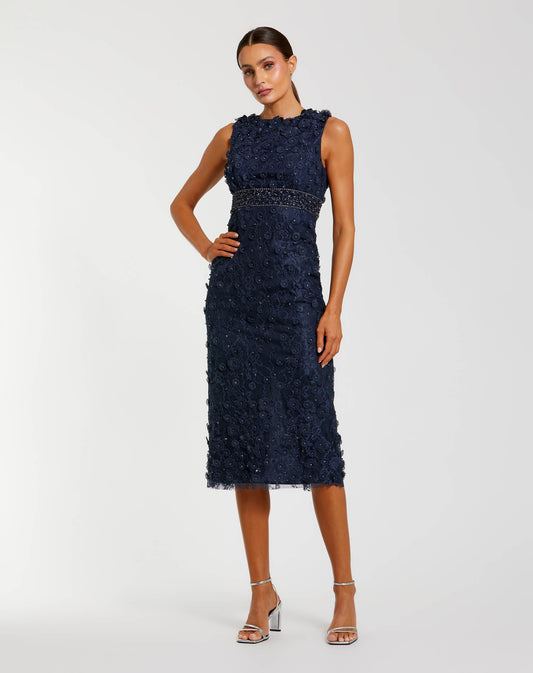 Mac Duggal Navy Floral Applique Sleeveless Midi Dress