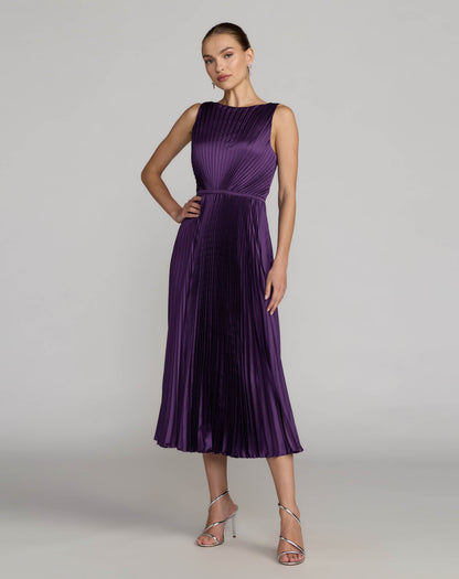 Mac Duggal Purple Sleeveless High Neck Pleated Midi Dress