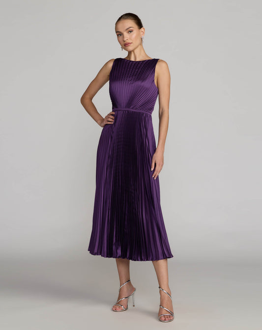 Mac Duggal Purple Sleeveless High Neck Pleated Midi Dress