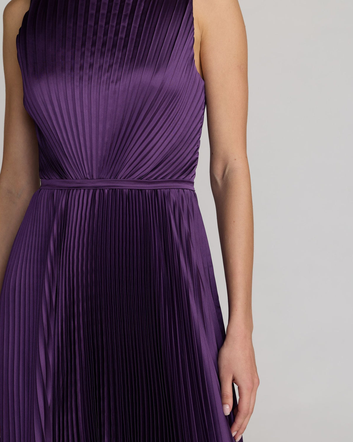 Mac Duggal Purple Sleeveless High Neck Pleated Midi Dress