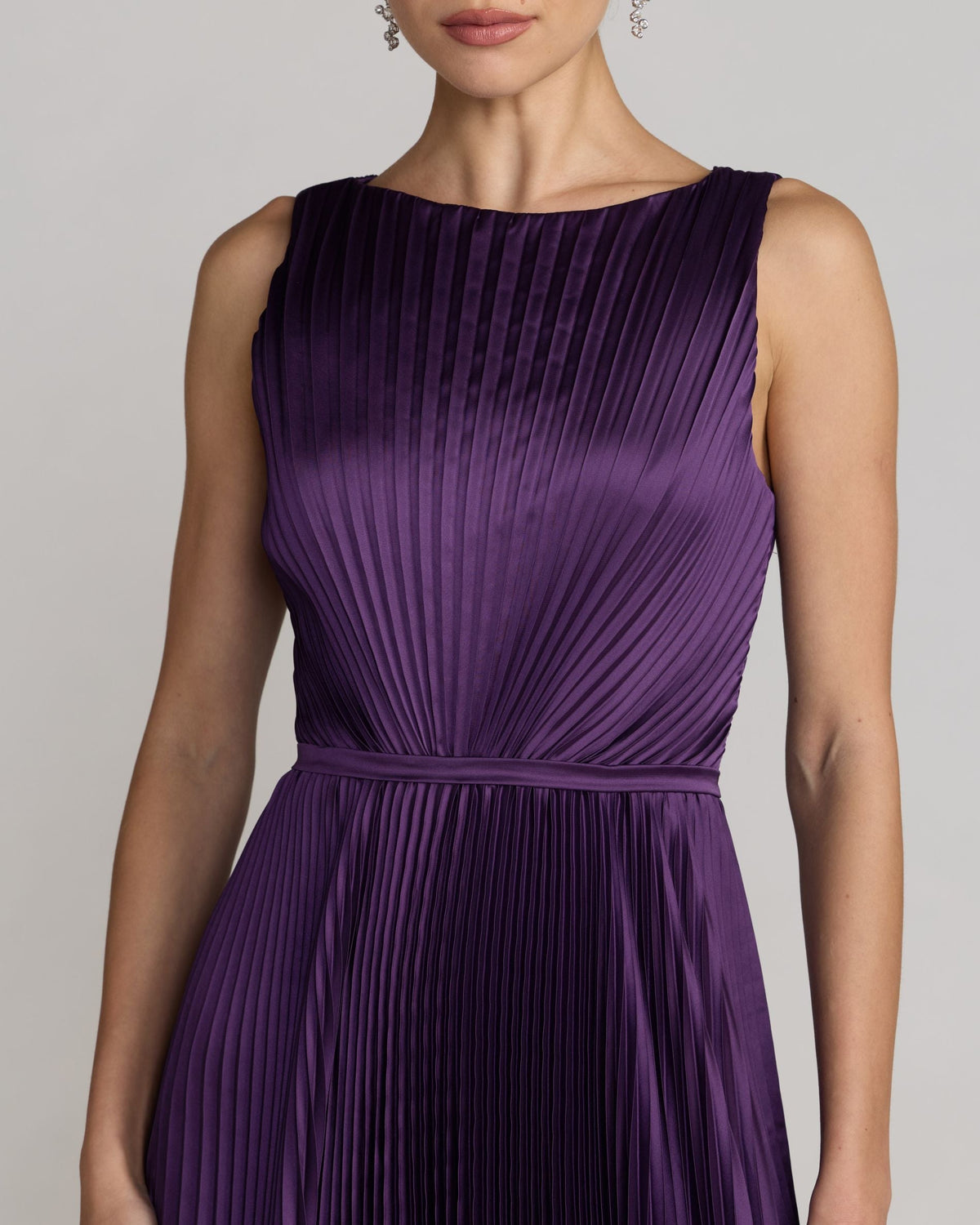 Mac Duggal Purple Sleeveless High Neck Pleated Midi Dress